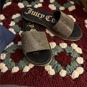 Juicy Couture Black Slides with Gold Rhinestone Strap